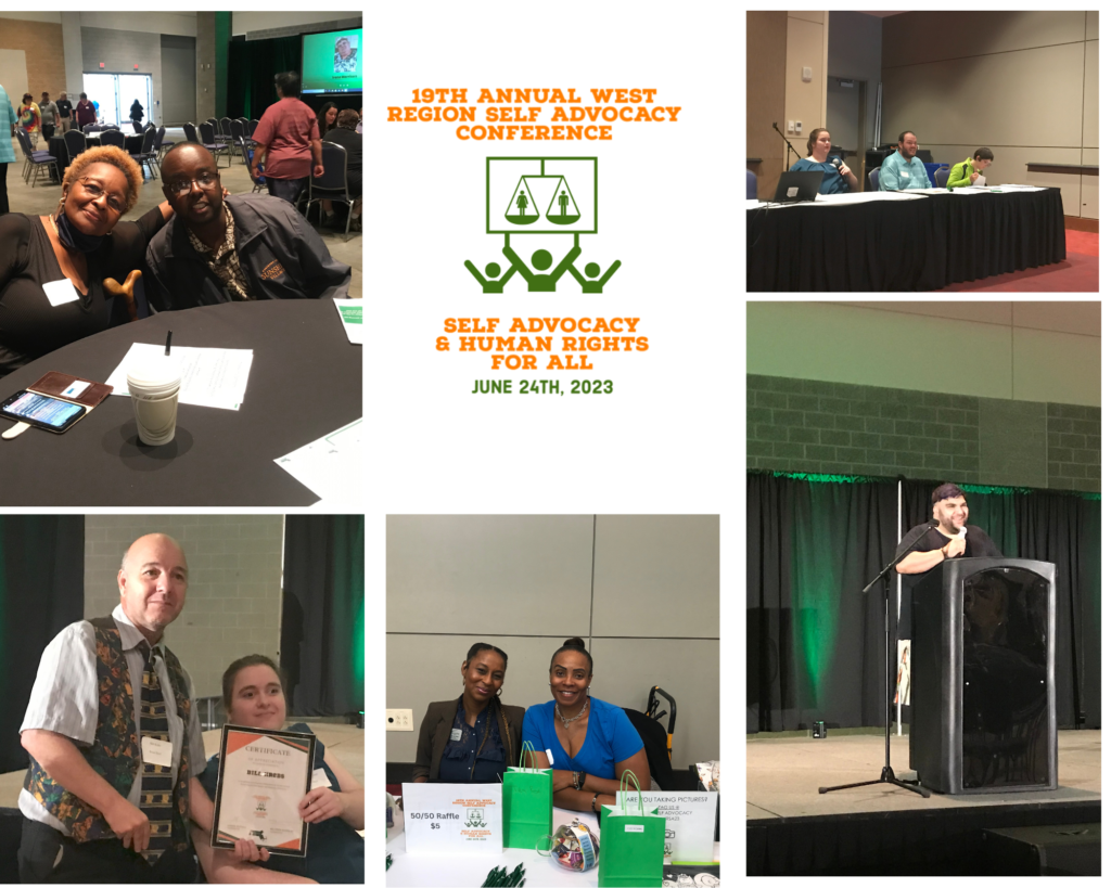 Collage of speakers and attendees at self advocacy conference